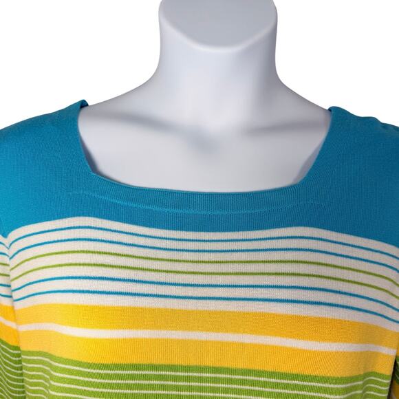 Joseph A Sweater Top Womens Large Turquoise Striped Square Neck 3/4 Sleeve - Picture 2 of 11